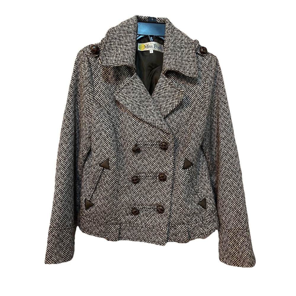 Miss Posh Women's Brown Herringbone Short Coat Size Large Button Up Faux Leather